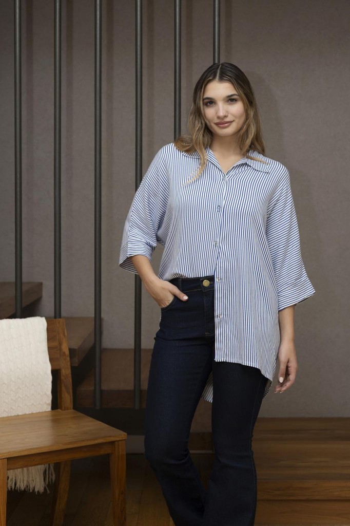 MAXI CAMISA DE LINO RAYADA LINEA FINA