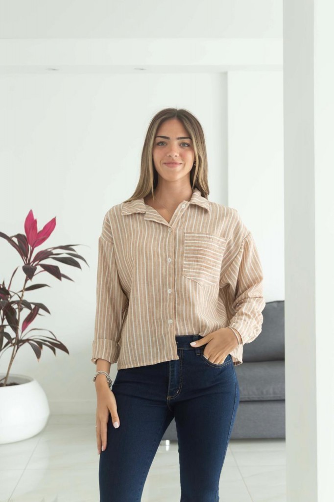 CAMISA CORTA DE LINO RAYADO